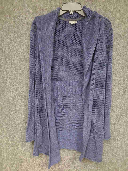 Eddie Bauer Women's Cardigan Blue Hooded Open Front Linen Cotton Knit Pockets L