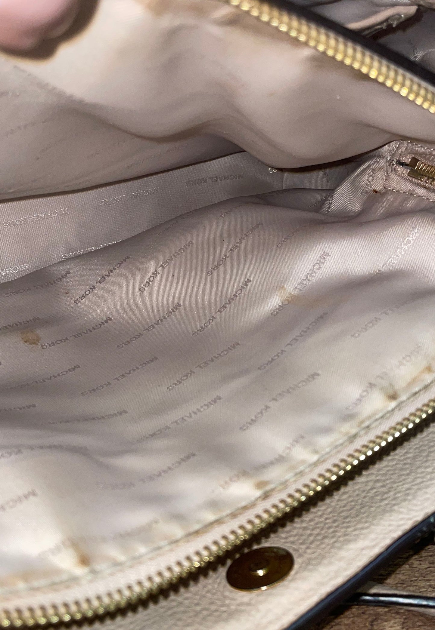Michael Kors Beige Pebbled Leather Medium Camille Satchel Bag Gold Hardware
