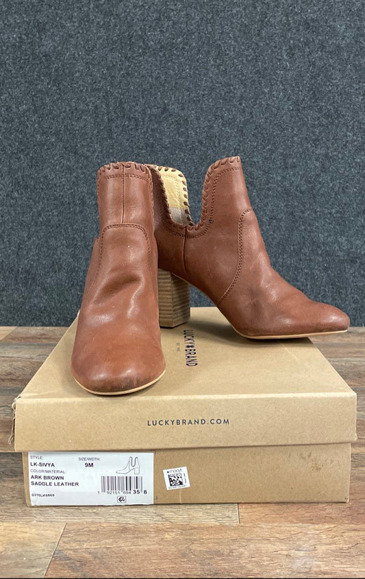 Lucky Brand Sivya Ark Brown Saddle Leather Cutout Ankle Boots Women's Size 9