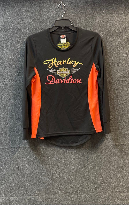 Harley-Davidson Women's Black Orange Colorblock Graphic Long Sleeve Top Size L