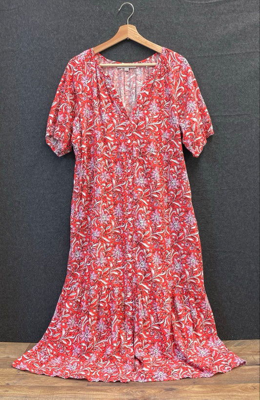 LOFT Women's Red Floral Button Up Tiered Ruffled Hem Midi Dress Sz L