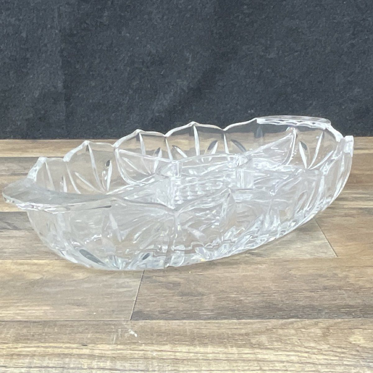 Pressed Glass Divided Relish Dish Starburst & Diamond Pattern Tray 16" Vintage