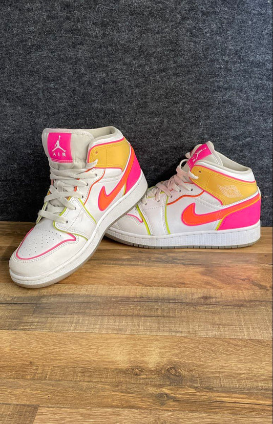 Nike Air Jordan 1 Mid GS White Digital Pink Laser Orange Sneakers Size 5.5Y