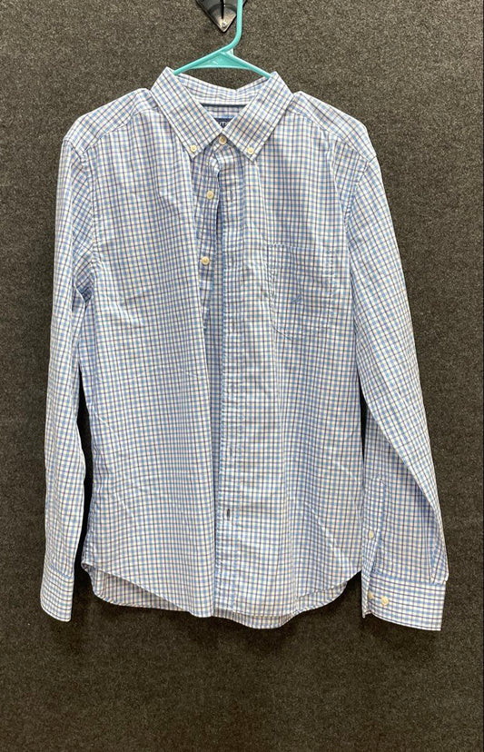 Nautica Men's Blue White Gingham Check Button Down Wrinkle Resistant Shirt Sz L