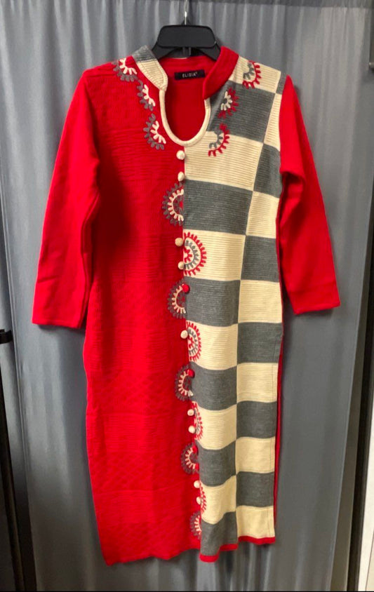 Elisia Women's Red Grey White Colorblock Checkered Knit Sweater Dress Sz M