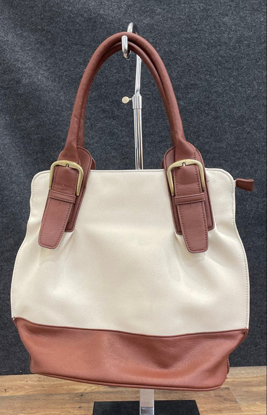 White Brown Leather Two-Tone Tote Shoulder Bag Gold Buckle Detail