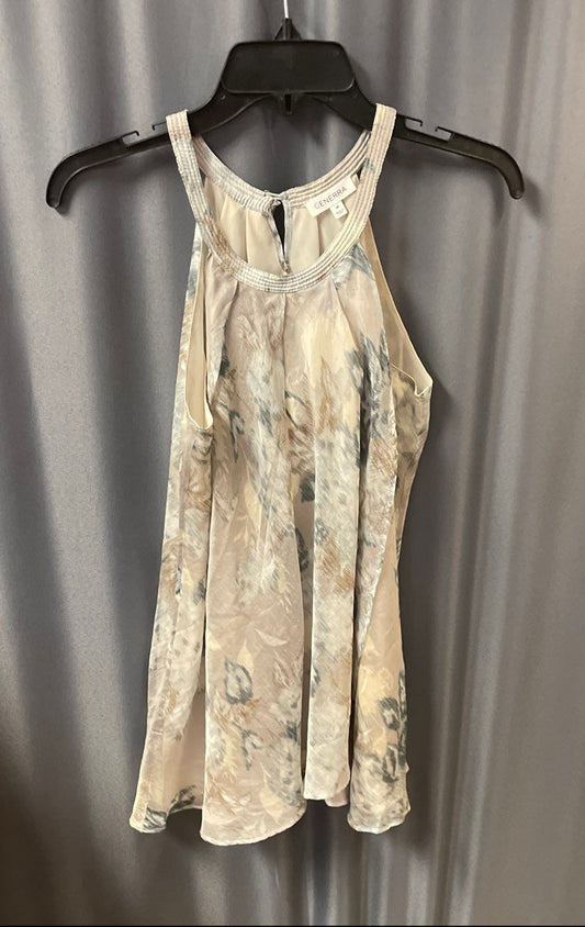 Generra Women's Silk Halter Top Blouse Cream Tan Floral Pleated Neck Sz M