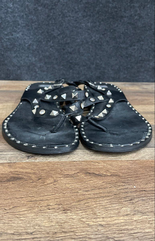 Bata Black Studded Rhinestone Thong Sandals Ankle Strap Slides Size 40