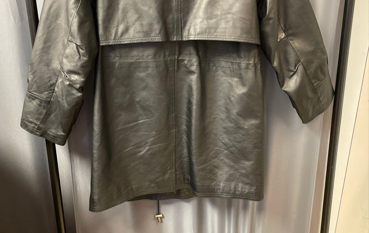 Vintage 90s Comint Women's Black Leather Hooded Double Breasted Jacket Sz M