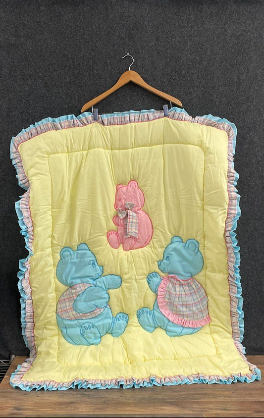 Vintage Baby Blanket Puffy Comforter Teddy Bear Applique Yellow Pink Blue Plaid