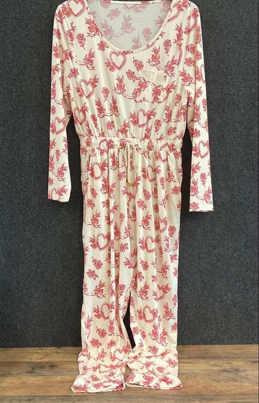 Splash Women's Red Tattoo Print Long Sleeve Pajama Jumpsuit Romper Sz L