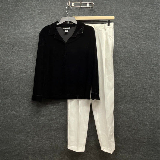 Vintage 90s Sag Harbor Petite Black Velvet Top White Pants Set Sz PM