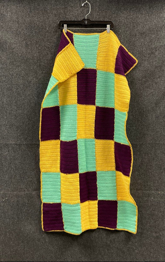 Handmade Multicolor Crochet Blanket Afghan Purple Yellow Teal Patchwork Block