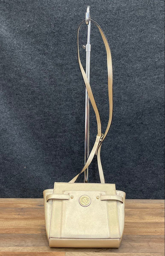 Anne Klein Gold Metallic Faux Leather Crossbody Bag Lion Logo Polka Dot Lining