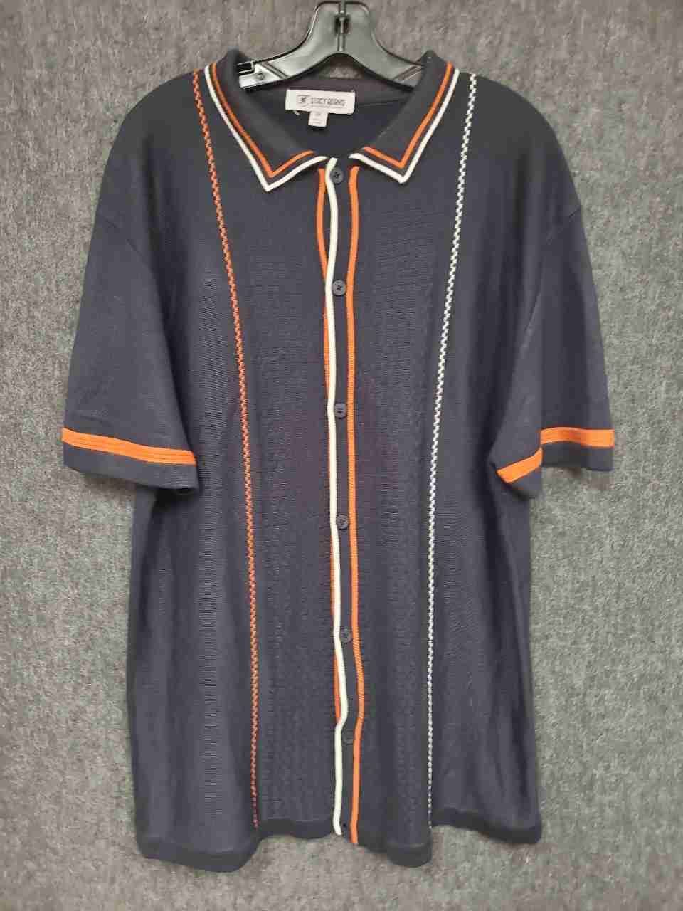 Stacy Adams Men's Navy Blue Knit Button-Front Short Sleeve Striped Shirt Sz 2XL