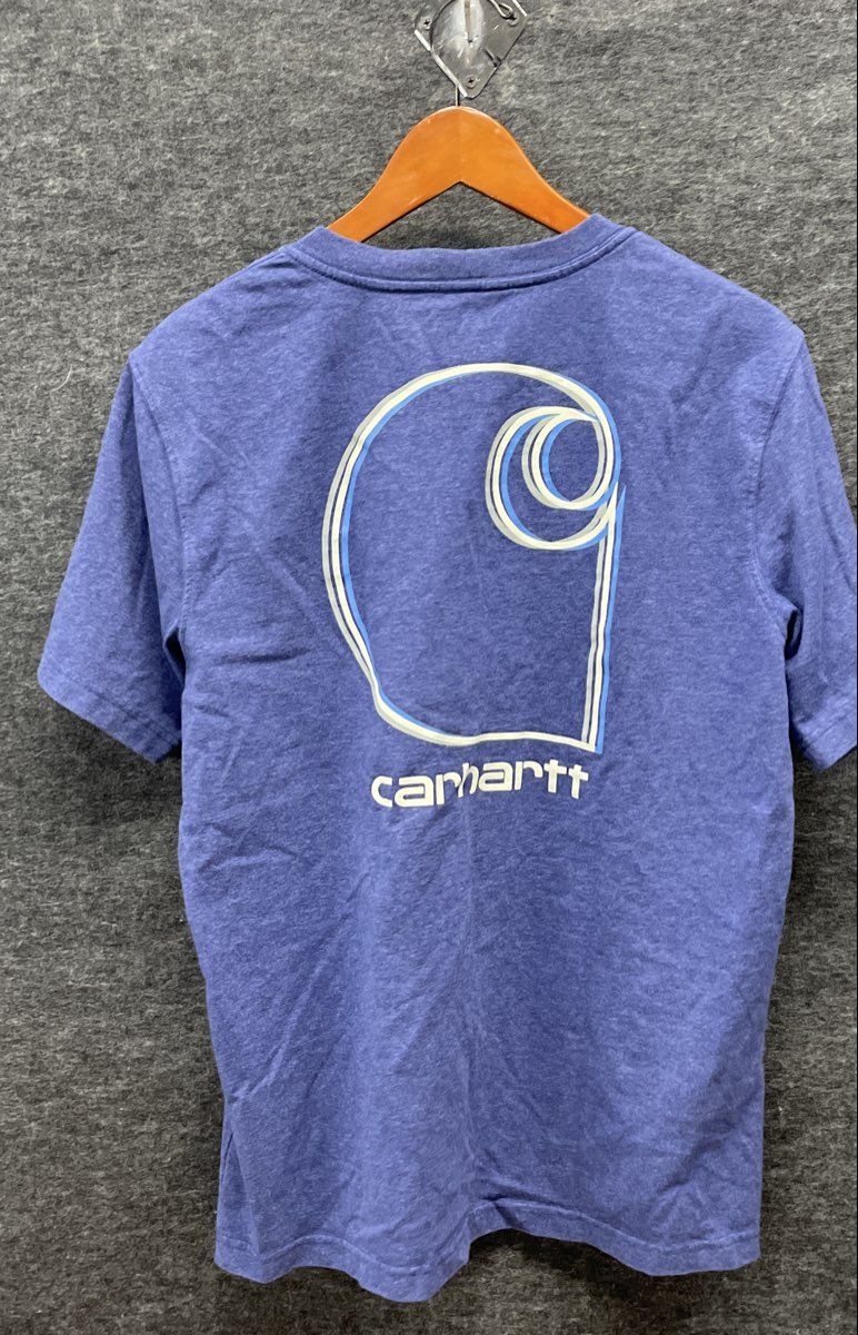 Carhartt Men's Pocket T-Shirt Heather Blue Relaxed Fit Back Graphic Logo Sz M