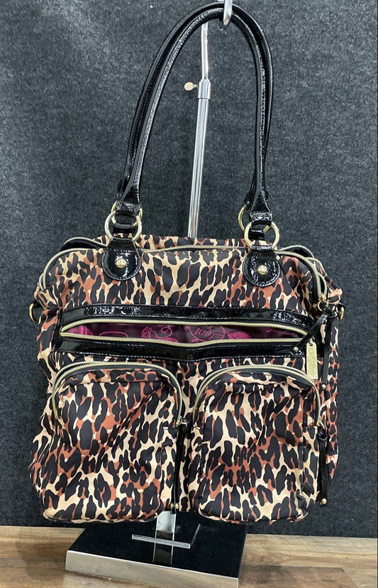 Betsey Johnson Cheetah Print Fabric Satchel Tote Bag Multi-Pocket Gold Hardware