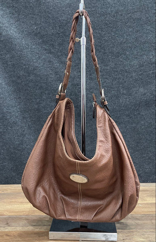Rosetti Brown Pebbled Hobo Shoulder Bag Braided Strap Gold Hardware