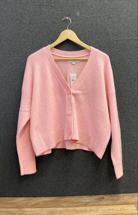 Loft Women's Pink Knit Cardigan V-Neck Button Front Ribbed Sz M NWT