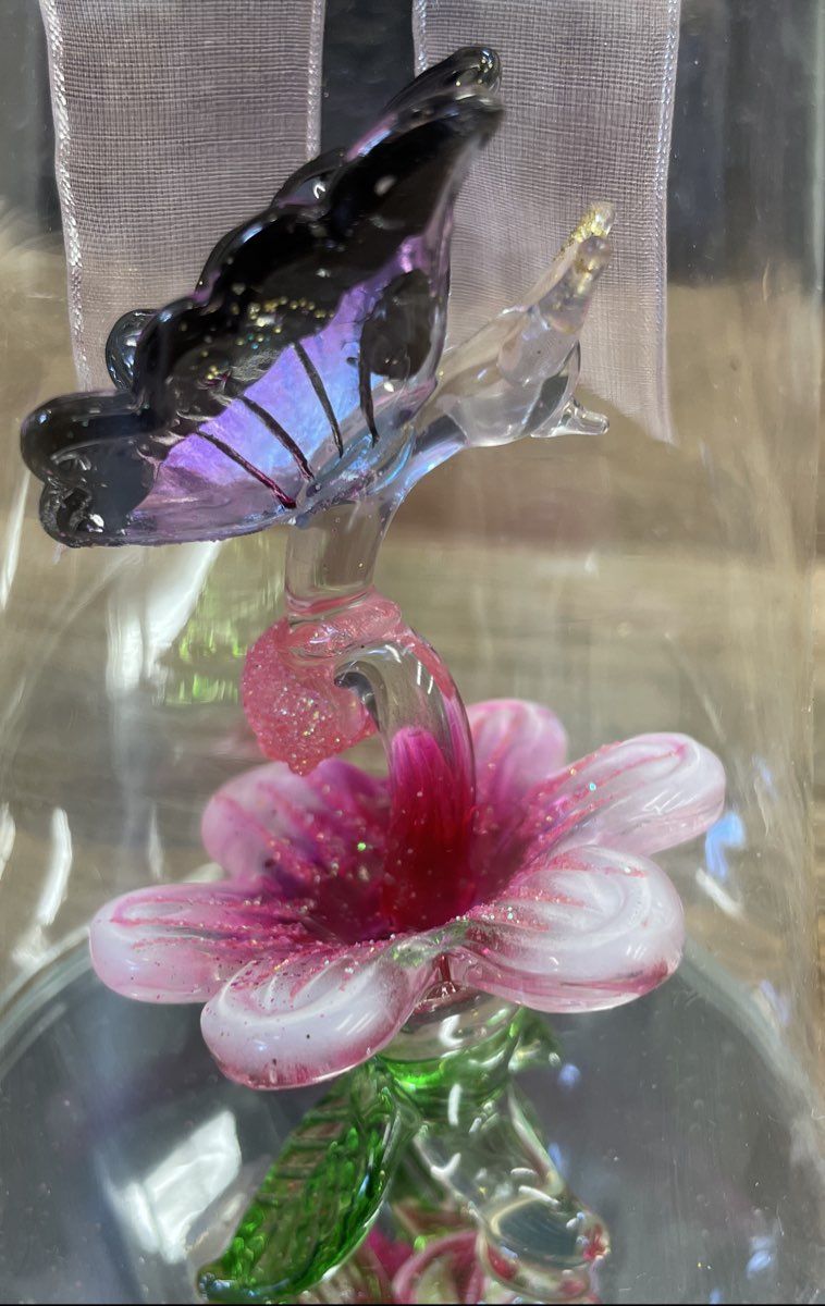 Glass Dome with a Glass Butterfly on a Glass Leaf Figurine