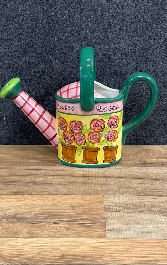 Vintage Hand Painted Ceramic Watering Can Decorative Roses Pink Green Floral