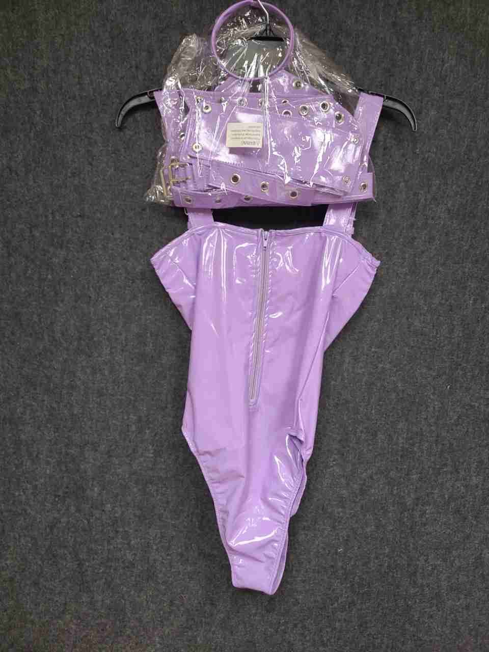 Fashion Nova Women's Purple Faux Leather Lace Up Bodysuit Lingerie Set Sz XS/S
