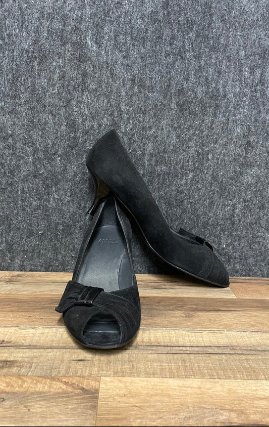 Stuart Weitzman Black Suede Peep Toe Bow Kitten Heel Pumps Spain Size 9 N