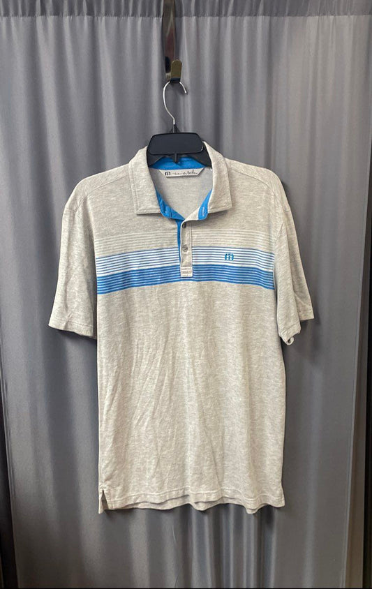 TravisMathew Men's Heather Gray Blue Striped Short Sleeve Polo Shirt Sz M