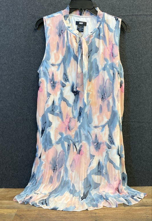 DKNY Women's Dress Multicolor Floral Pleated Tie Neck Sleeveless Shift Size 12