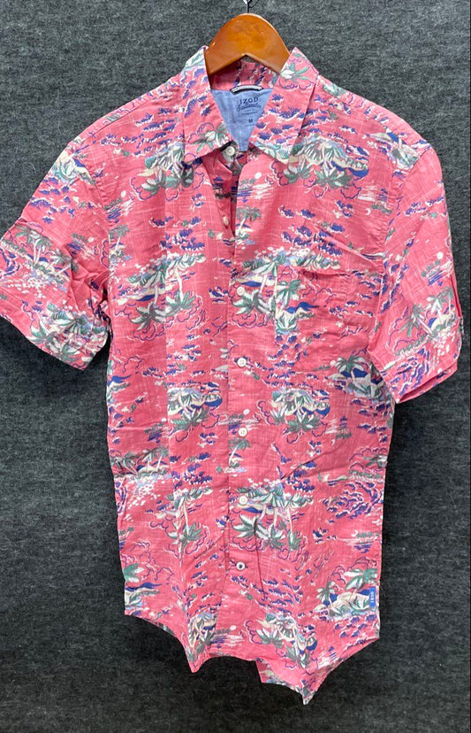 IZOD Saltwater Men's Pink Tropical Palm Short Sleeve Button Up Shirt Sz M