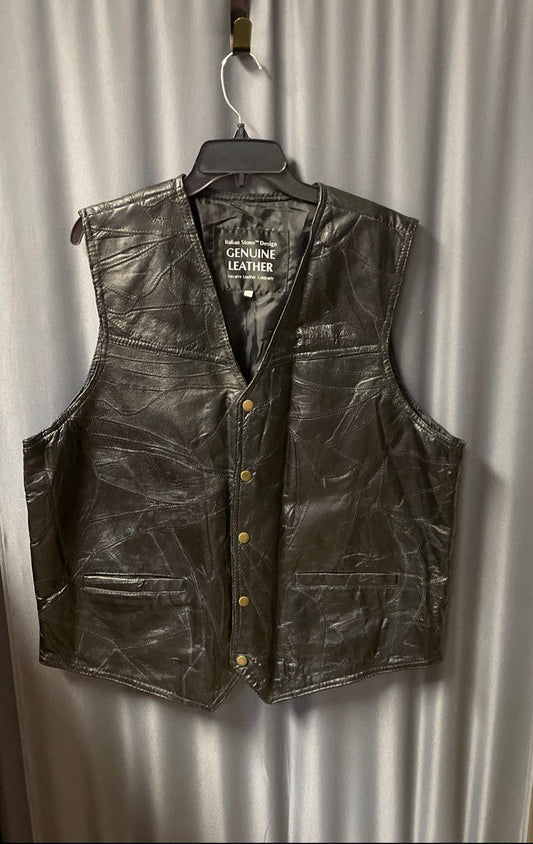 Vintage 90s Navarre Leather Men's Black Patchwork Stone Design Vest Sz 3XL