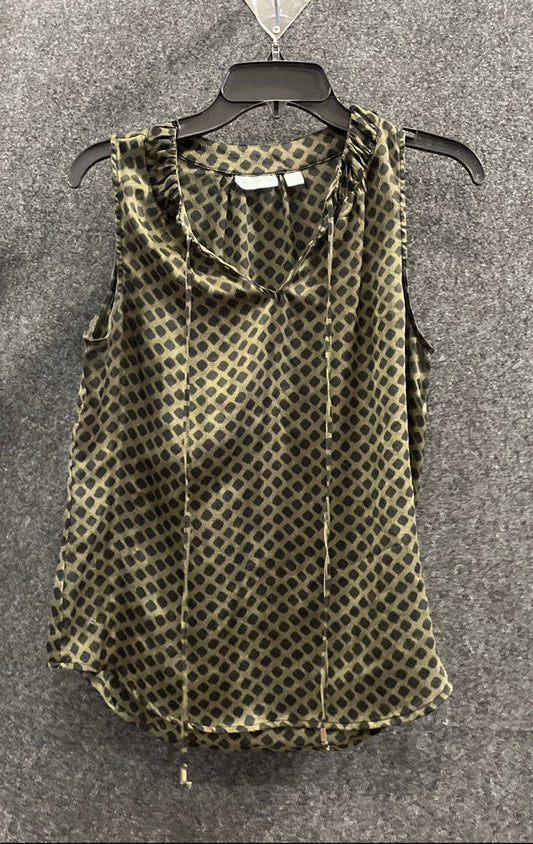New York & Company Women's Green Geometric Sleeveless Tie Neck Blouse Sz S