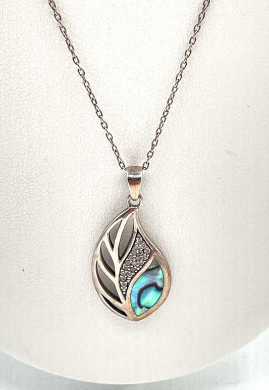 925 Sterling Silver Abalone & CZ Leaf Pendant Necklace 4.1g