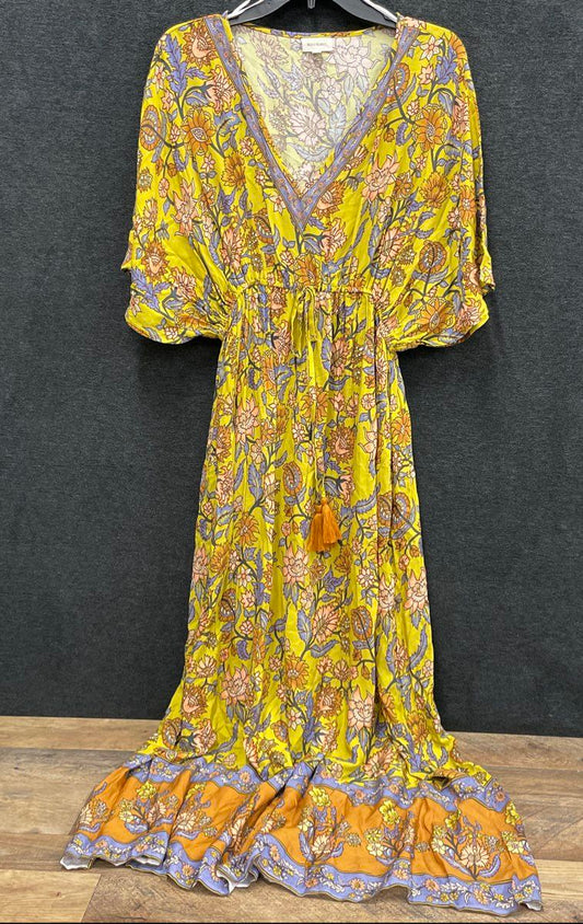 World Market Women's Boho Floral Maxi Dress Yellow Rayon V-Neck Tassel Sz L/XL