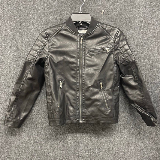 H&M Youth Moto Jacket Black Faux Leather Quilted Full Zip Bomber Sz 9-10Y