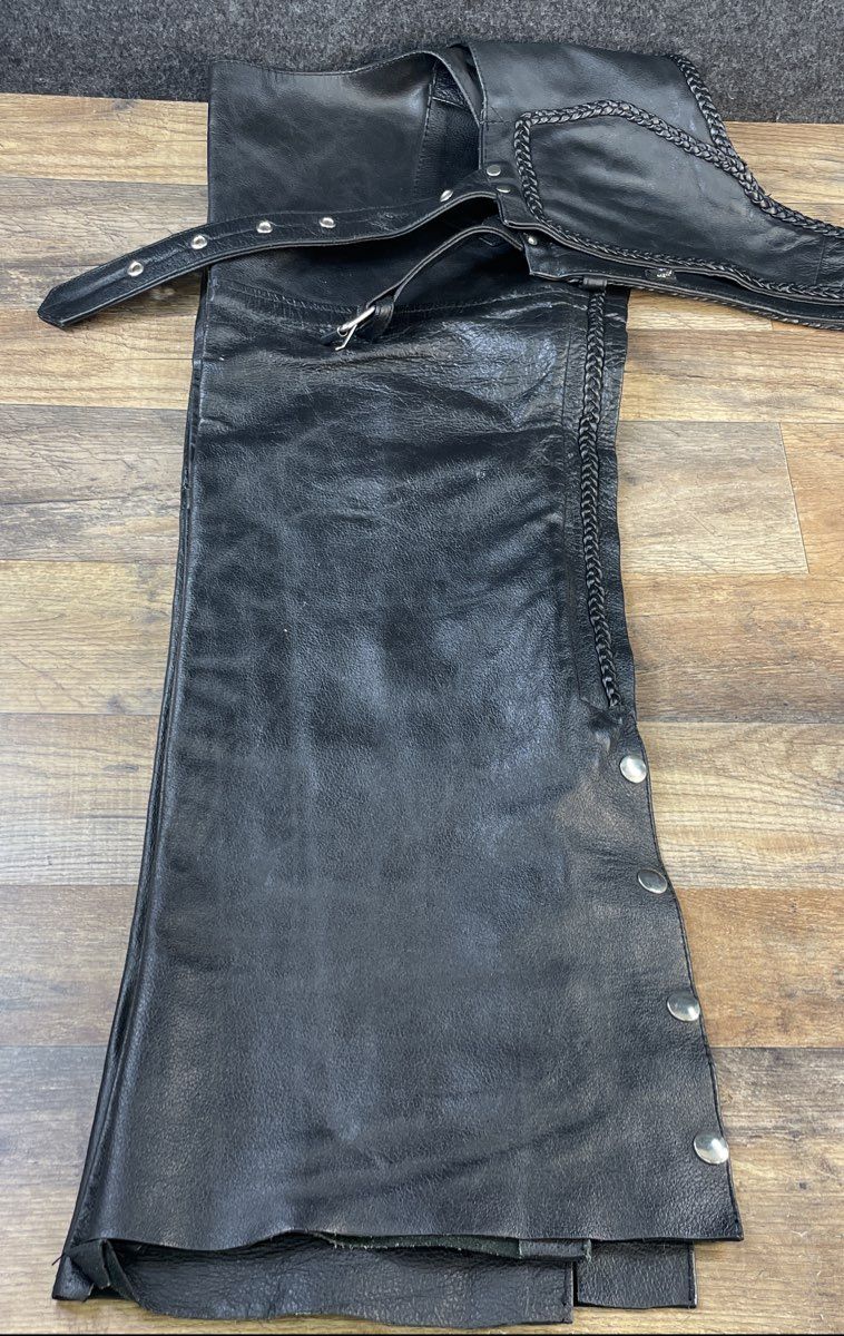 Men's Black Buffalo Leather Motorcycle Riding Chaps Braided Biker Sz M