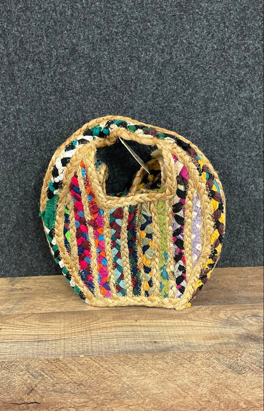 Magid NWT Multicolor Braided Jute Fabric Round Top Handle Tote Bag