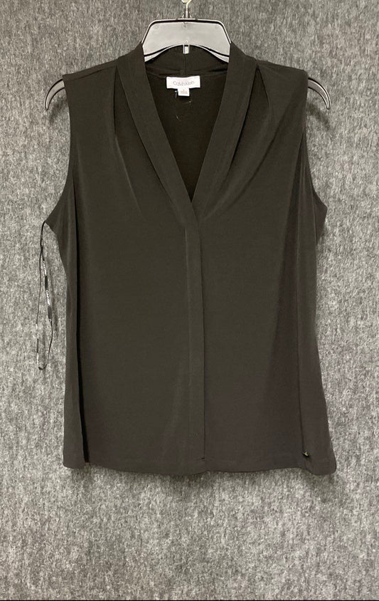 Calvin Klein Women's Black Sleeveless V-Neck Draped Stretch Blouse Top Sz L