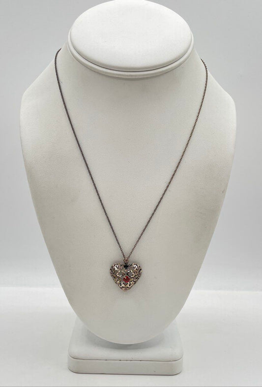 SC 925 Sterling Silver Garnet Accent Filigree Heart Pendant Necklace 4g