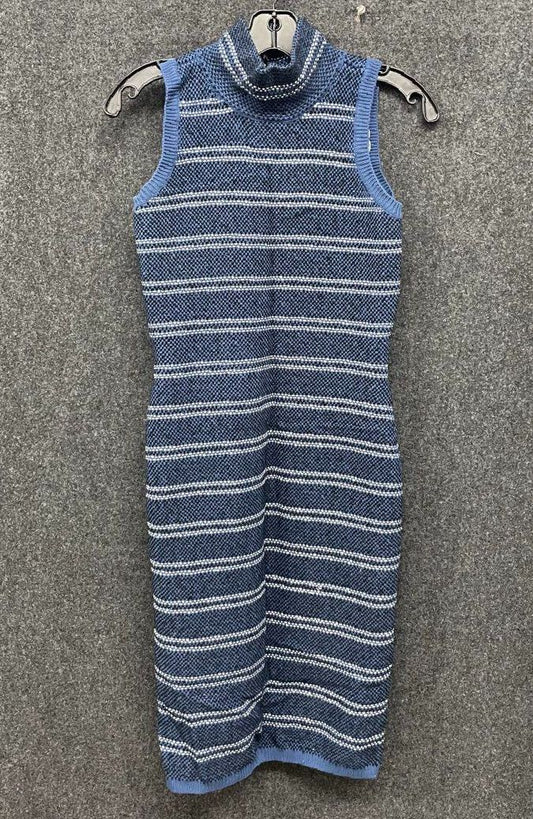 White House Black Market Women's Mock Neck Sweater Dress Blue Striped Knit Sz 00