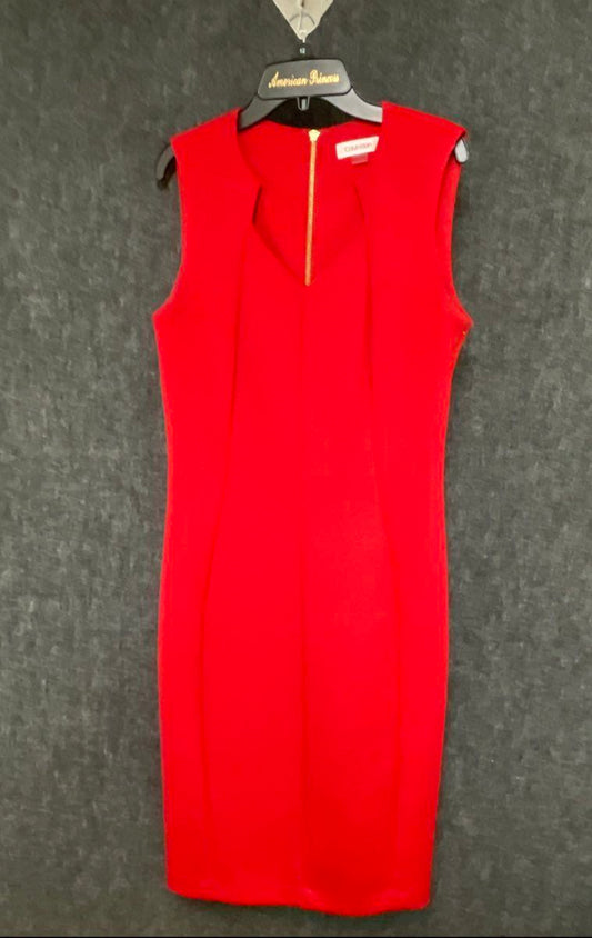 Calvin Klein Women's Red Sleeveless Sheath Dress Gold Zipper Detail Sz 10