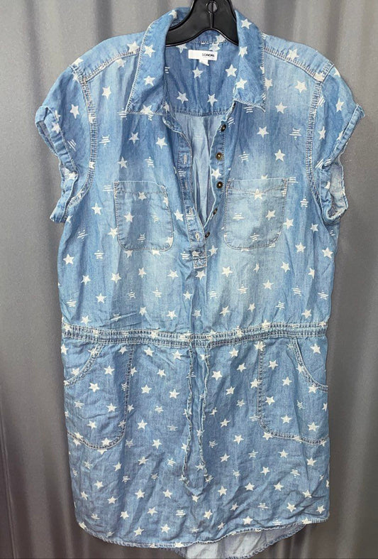 Sonoma Women's Blue Star Print Short Sleeve Button Front Drawstring Dress Sz L