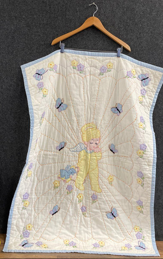 Hand Stitched Baby Quilt Kit Built Angel Cherub Butterflies Flowers Vintage