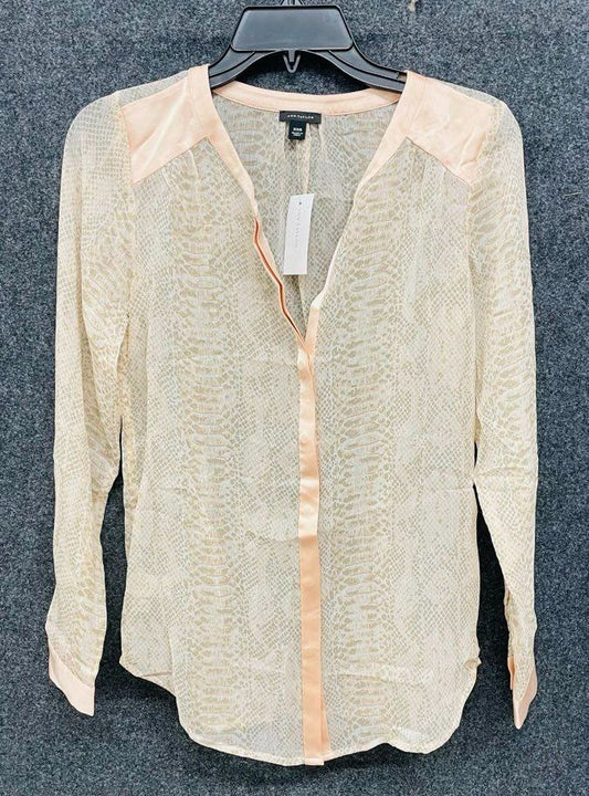 NWT Ann Taylor Women's Snake Print Satin Trim Blouse Cream Pink Sz XXS
