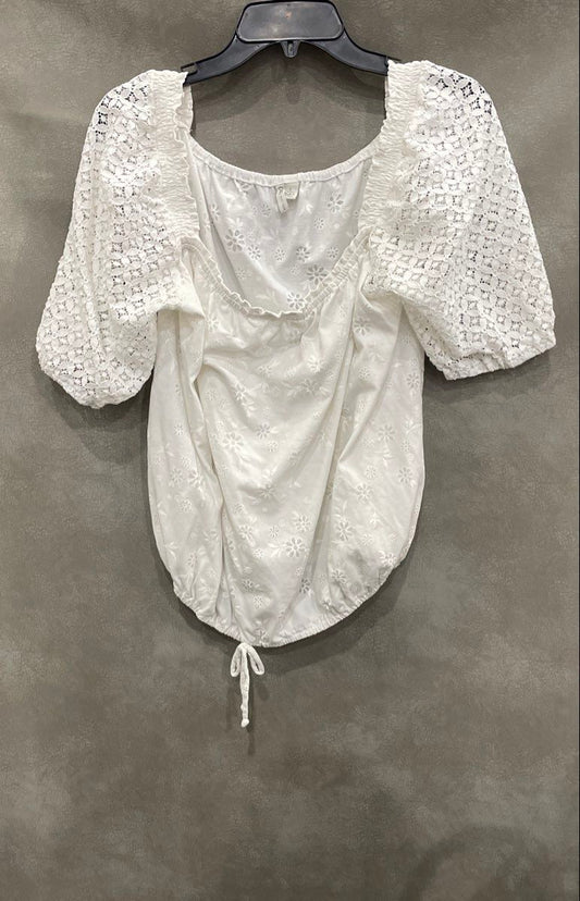 Cato Women's White Eyelet Floral Lace Puff Sleeve Bubble Hem Blouse Sz L