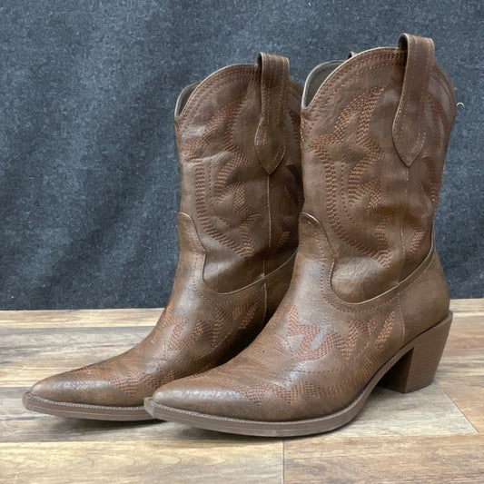 Brown Western Cowboy Boots Ornate Stitching Mid-Calf K225 Women's Size 7.5