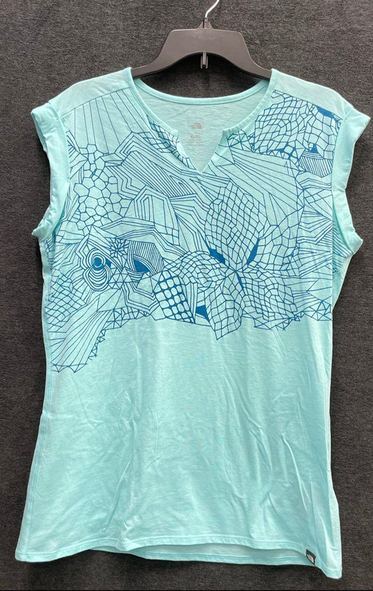 The North Face Women's Sleeveless T-Shirt Light Blue Geometric Graphic Sz XL