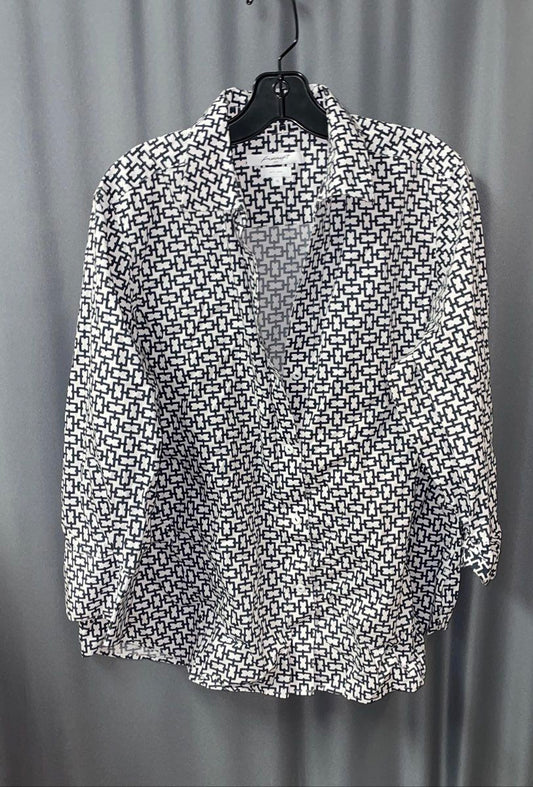 Foxcroft NYC Women's Black White Geometric Print Button Up Shirt Easy Care XL