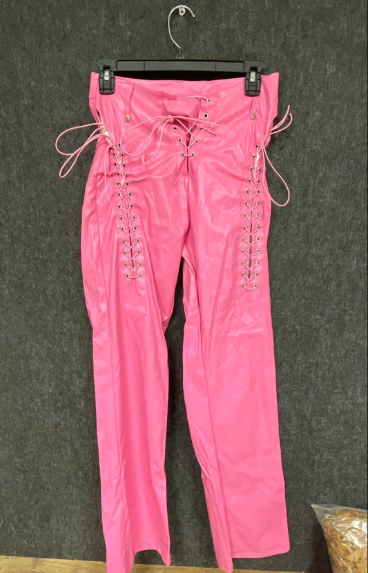 Xxxiticat Women's Pink Faux Leather Lace Up High Waist Clubwear Pants Sz S