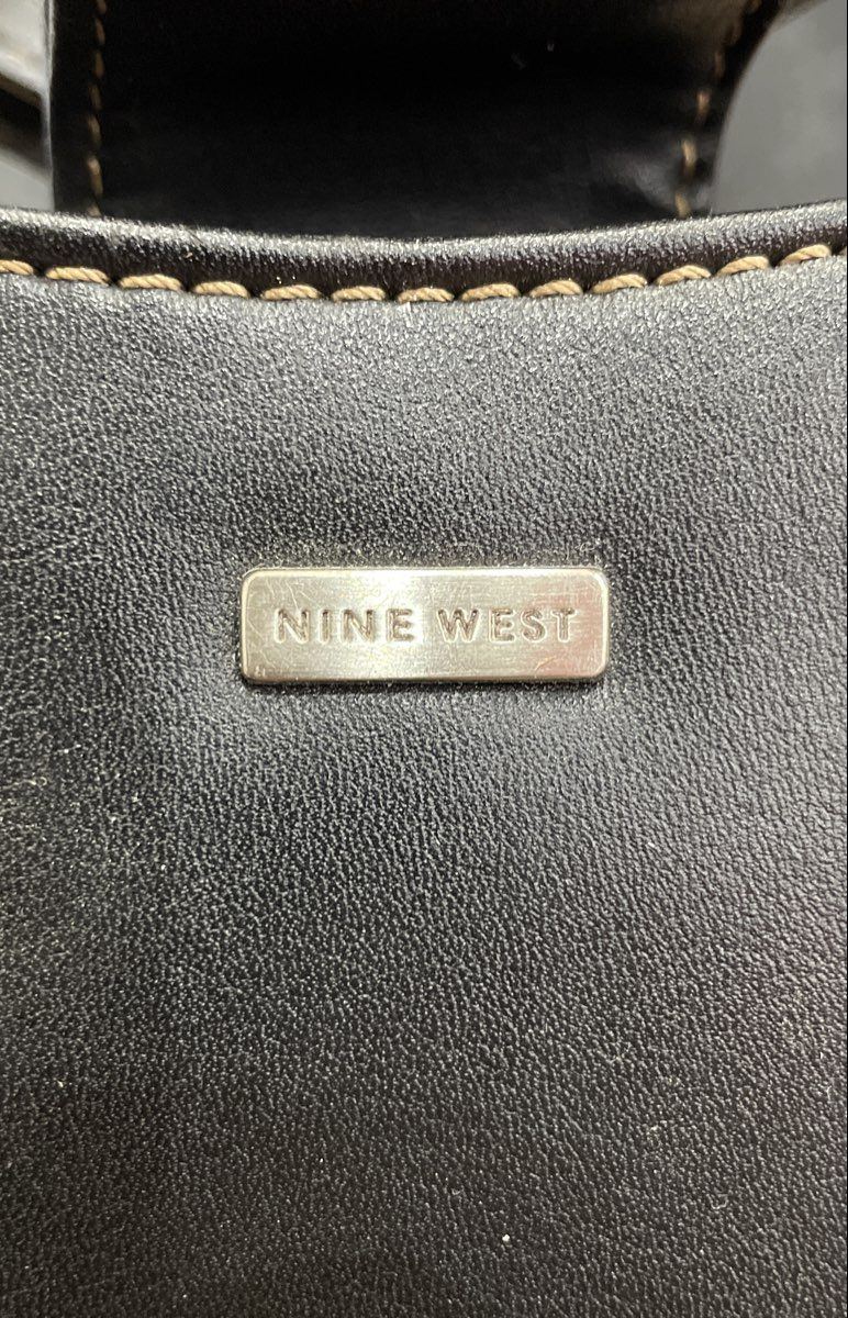 Vintage Nine West Black Leather Shoulder Bag Silver Hardware Contrast Stitch